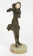 An Art Deco bronze statue of a lady, with carved ivory face and green onyx base, circa 1920s, ​​​​​​​19cm high - 2