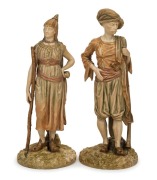 ROYAL WORCESTER "BRINGAREE INDIANS" pair of antique English porcelain statues, modelled by JAMES HADLEY, circa 1887, puce factory mark to the bases, 21.5cm high