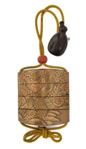 A fine antique Japanese inro with KAJIKAWA family seal, beautifully adorned with birds and flowers in gilt lacquer finish, with coral Ojime and carved timber aubergine netsuke, 19th century, 9cm high