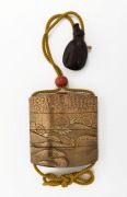 A fine antique Japanese inro&nbsp;with KAJIKAWA family seal, beautifully adorned with birds and flowers in gilt lacquer finish, with coral Ojime and carved timber&nbsp;aubergine netsuke, 19th century, 9cm high - 2