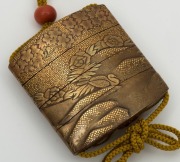 A fine antique Japanese inro&nbsp;with KAJIKAWA family seal, beautifully adorned with birds and flowers in gilt lacquer finish, with coral Ojime and carved timber&nbsp;aubergine netsuke, 19th century, 9cm high - 4