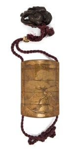 An antique Japanese lacquer inro depicting a pavilion in landscape, with ivory Ojime and highly decorated carved wooden dragon netsuke (signed), Meiji period, 19th century, 8.5cm high