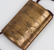 An antique Japanese lacquer inro&nbsp;depicting a pavilion in landscape, with ivory Ojime and highly decorated carved wooden dragon netsuke&nbsp;(signed), Meiji period, 19th century, 8.5cm high - 4