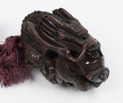 An antique Japanese lacquer inro&nbsp;depicting a pavilion in landscape, with ivory Ojime and highly decorated carved wooden dragon netsuke&nbsp;(signed), Meiji period, 19th century, 8.5cm high - 6
