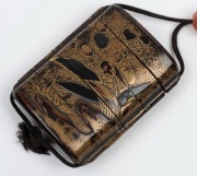 An antique Japanese Urushi lacquer inro with gold leaf maki, adorned with carnelian ojime and finely carved boxwood basket netsuke, Edo period, mid 18th century, ​​​​​​​6.5cm high - 4