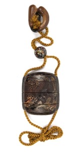 A fine antique Japanese Urushi gold leaf lacquered three case inro featuring a tiger on one side and a dragon on the reverse. Carved wooden netsuke with three aubergines representing happiness and prosperity, Edo period, 18th/19th century, 6.5cm high