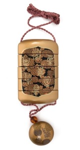 An antique Japanese four case inro with Kajikawa family seal with matching netsuke, 10.5cm high