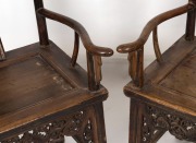 A pair of antique elm Chinese ceremonial armchairs with carved bat decoration, 19th century, 100cm high, 58cm across the arms - 4
