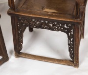 A pair of antique elm Chinese ceremonial armchairs with carved bat decoration, 19th century, 100cm high, 58cm across the arms - 6