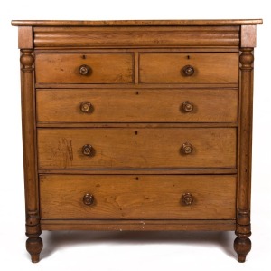 An antique English oak six drawer chest with half turned columns and cock beaded drawer fronts, 19th century, 132cm high, 128cm wide, 55cm deep