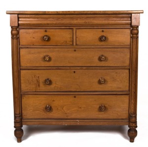 An antique English oak six drawer chest with half turned columns and cock beaded drawer fronts, 19th century, ​​​​​​​132cm high, 128cm wide, 55cm deep