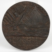 LUSITANIA cast bronze medal (55mm), housed in original card box of issue with lithograph top depicting a portrait of the ill-fated ship "R.M.S. LUSITANIA, Cunard Line 32,000 Tons. Sunk On Her Journey From The United States By A German Submarine, May 7th 1 - 2