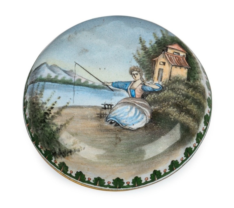 An antique Chinese Beijing enamel circular box with curious imagined European scene, 19th century, 8cm wide