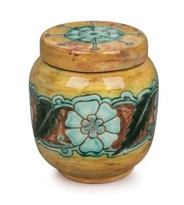 DELLA ROBBIA English Arts & Crafts pottery lidded jar with sgraffito floral decoration, 19th century, incised monogram with galleon mark, ​​​​​​​12cm high