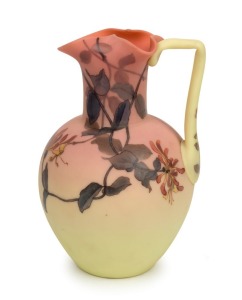 WEBB "Queen's Burmese" antique English glass jug with enamel floral decoration, 19th century, circular acid etched mark to base, ​​​​​​​20cm high