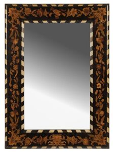 An antique English marquetry framed mirror with bone and rosewood barber pole decoration, 19th century, 73 x 32cm overall