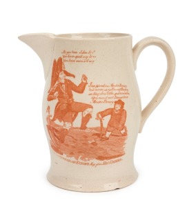 NAPOLEON antique creamware jug, probably Liverpool, transfer printed in red, "The Governor of Europe Stoped in his Career", most likely early 20th century, 14cm high