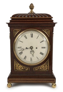 An antique English Regency gadrooned caddy top spring table clock, mahogany and fine cut brass inlay, time and bell eight day striking movement with convex hand-painted dial and Roman numerals, circa 1820, 52cm high