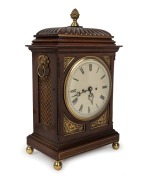 An antique English Regency gadrooned caddy top spring table clock, mahogany and fine cut brass inlay, time and bell eight day striking movement with convex hand-painted dial and Roman numerals, circa 1820, 52cm high - 2