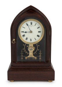 EUREKA CLOCK Co. LTD., LONDON antique lancet top mahogany cased electric timepiece with two ball bearing movements and electric balance wheel, white enamel dial signed by the manufacturers with Roman numerals, made in England, circa 1910, 39cm high