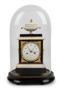 RADANT fine and attractive antique French Empire clock under glass dome, black and white marble case with fine ormolu mounts, one piece convex enamel dial with Arabic numerals and rare thirty day jump calendar hand (introduced for a short period during th