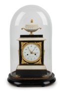 RADANT fine and attractive antique French Empire clock under glass dome, black and white marble case with fine ormolu mounts, one piece convex enamel dial with Arabic numerals and&nbsp;rare thirty day jump calendar hand (introduced for a short period during th