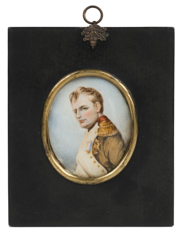 NAPOLEON BONAPARTE antique hand-painted portrait miniature on ivory, 19th century, 14.5 x 12cm overall