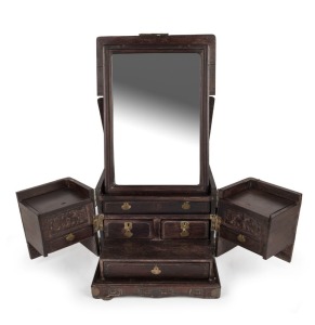 An antique Chinese hongmu travelling dressing box, fitted with folding mirror and compartments, Qing Dynasty, 19th century, 22cm high, 30cm wide, 40cm deep