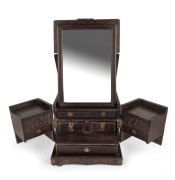 An antique Chinese hongmu travelling dressing box, fitted with folding mirror and compartments, Qing Dynasty, 19th century, 22cm high, 30cm wide, 40cm deep