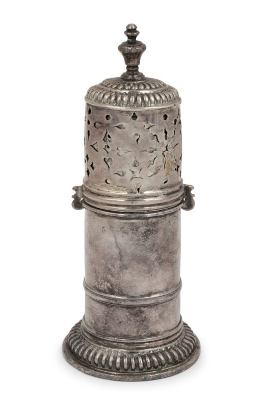 WILLIAM and MARY Britannia standard antique English silver sugar caster, late 17th century, marks rubbed but most likely date letter for 1698 with lion's head erased, 15cm high, 184 grams