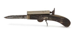 An antique English pocket pistol knife, single shot percussion cap with horn handgrip, circa 1845,16.5cm long, ​​​​​​​25cm with blade extended