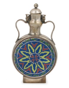 An antique Chinese moonflask, silver plate on bronze with cloisonne decoration and dragon handles, Qing Dynasty, 19th century, seal mark and maker's marks to base, 15.5cm high