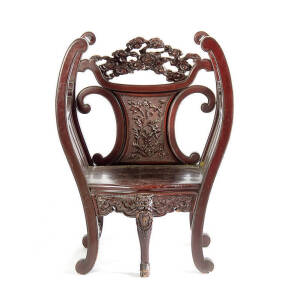 An unusual Japanese five leg hardwood chair, early 20th century, with incurving side supports and straight back, 112cm high, 82.5cm wide and 49cm deep