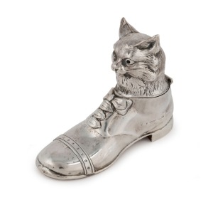 PUSS IN BOOT antique sterling silver inkwell, 10cm high