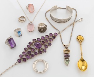 Assorted silver jewellery and a sterling silver spoon, 20th century, (11 items)