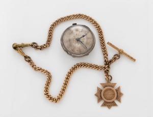 An antique 9ct gold fob on gold-plated chain, together with an antique silver cased pocketwatch, (2 items)