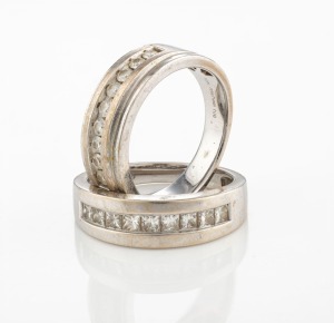 Two white gold rings, 10ct and 15ct, both set with a row of white diamonds, (2 items), stamped "Michael Hill, 10K" and the other "585", 14.7 grams total