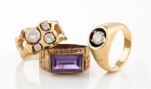 Three assorted gold rings with stones, two 9ct and one 14ct, (3 items), ​​​​​​​31.3 grams total