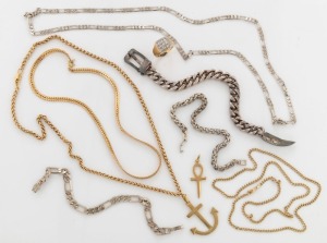 A 9ct gold pendant (4.9 grams), together with a gold plated dress ring and assorted silver and gold plated chains, bracelets and pendant, (9 items)