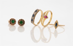 An 18ct gold, ruby and diamond ring, together with an 18ct gold, diamond and sapphire ring, a yellow gold and sapphire ring and a pair of gold and greenstone earrings set with seed pearls, (4 items), 6 grams total