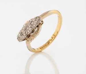 An 18ct yellow gold ring with a row of five white diamonds mounted in platinum, early 20th century, stamped "18ct, PLAT.", ​​​​​​​3.8 grams