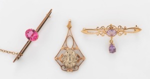 An antique two-tone 9ct gold pendant, together with two 9ct gold brooches with pink and purple stones, 19th/20th century, the pendant 3.5cm high, 8.9 grams total