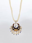 An Indian yellow gold and enamel crescent shaped pendant with white stones and pearls, 20th century, 