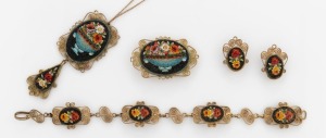 MICRO MOSAIC and gold plated bracelet, earrings, necklace and brooch set, the brooch 5cm wide