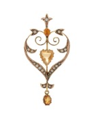 An Art Nouveau 9ct yellow gold pendant, set with three cut citrines and seed pearls, early 20th century, stamped "9ct", 5cm high, 3.5 grams - 2