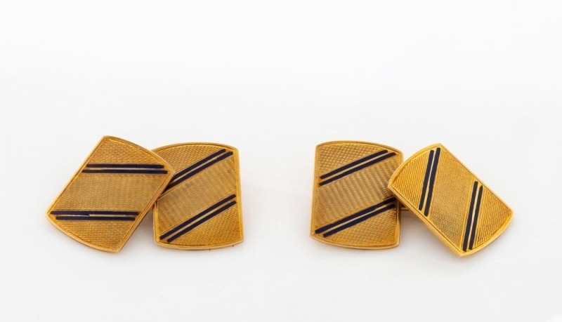 A pair of Art Deco 9ct yellow gold and blue enamel cufflinks housed in a fitted box branded "T. GAUNT & Co.", ​​​​​​​5.8 grams