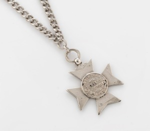 "BLACKPOOL JUBILEE FETE, 1887" sterling silver Maltese cross fob pendant on sterling silver chain, 19th century, the chain 52cm long, 55 grams total