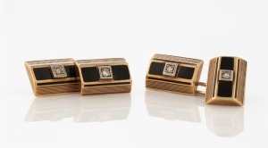 A pair of Art Deco 14ct yellow gold cufflinks, set with diamonds in black enamel, circa 1930, stamped "K.M. 585", 10.7 grams total