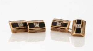 A pair of Art Deco 14ct yellow gold cufflinks, set with diamonds in black enamel, circa 1930, stamped "K.M. 585", ​​​​​​​10.7 grams total