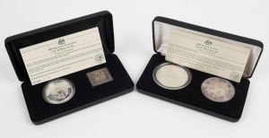 1997 Fremantle Coin (1oz Kookaburra) & Medallion (1oz Swan stamp) set; 1998 Perth Coin (2oz) & Medallion (1946 Shilling), both with certificates of limitation in the cases of issue.